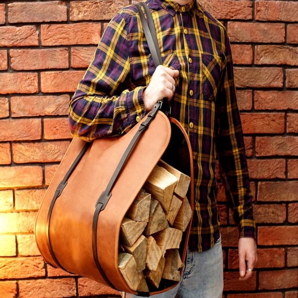 Firewood Carrier, Personalized Log Carrier, Leather Fireplace Accessory, Leather Outdoor Wood Carrier with Adjustable Handles, Gift for Dad