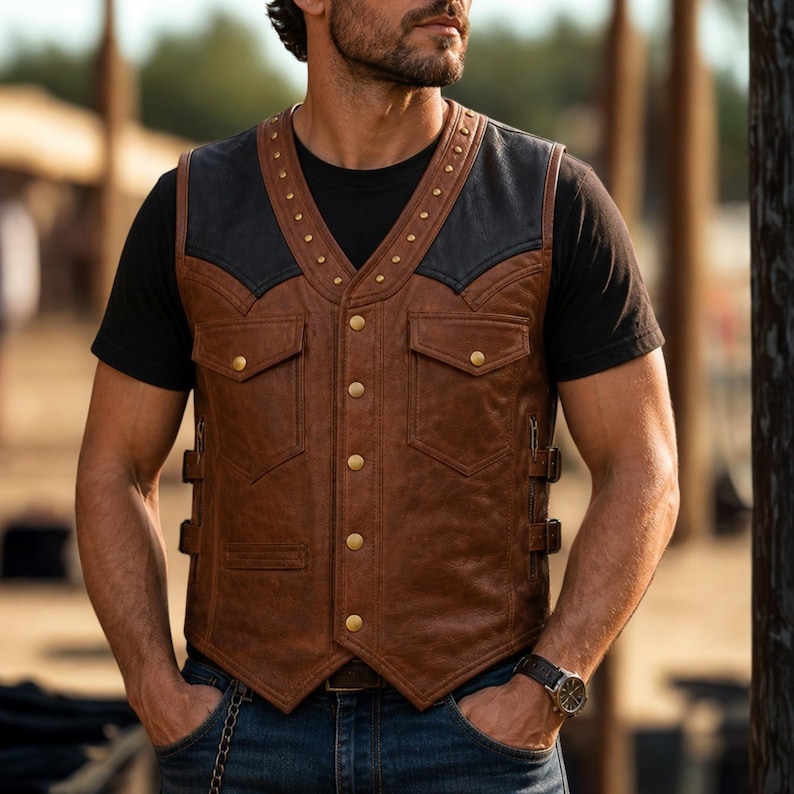 May include: A brown leather vest featuring black leather shoulder panels, gold-tone metal snap buttons down the front, and two chest pockets with flaps. The vest includes decorative gold studs along the neckline and adjustable side straps.