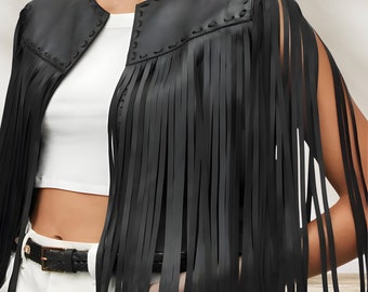 Handmade Sheepskin Leather Fringe Vest, Women's Western Cowgirl Vest