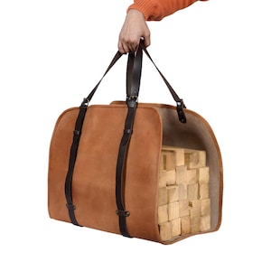 Firewood Carrier, Personalized Log Carrier, Leather Fireplace Accessory, Leather Outdoor Wood Carrier with Adjustable Handles, Gift for Dad