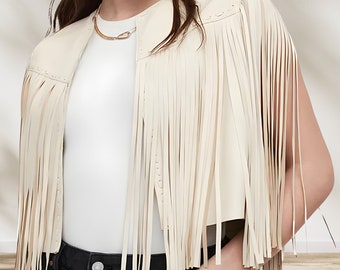 Handmade Sheepskin Leather Fringe Vest, White Boho Western