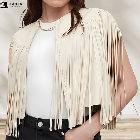 Handmade Sheepskin Leather Fringe Vest, White Boho Western