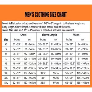 May include: A clothing size chart with an orange header titled Men's Clothing Size Chart. It lists measurements in inches and centimeters for chest, sleeve length, and waist across sizes XS to 5XL, including notes on tall and slim fit variations.