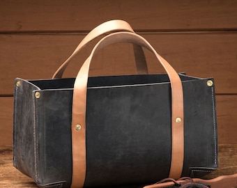 Personalized Leather Log Carrier, Handmade Firewood Tote