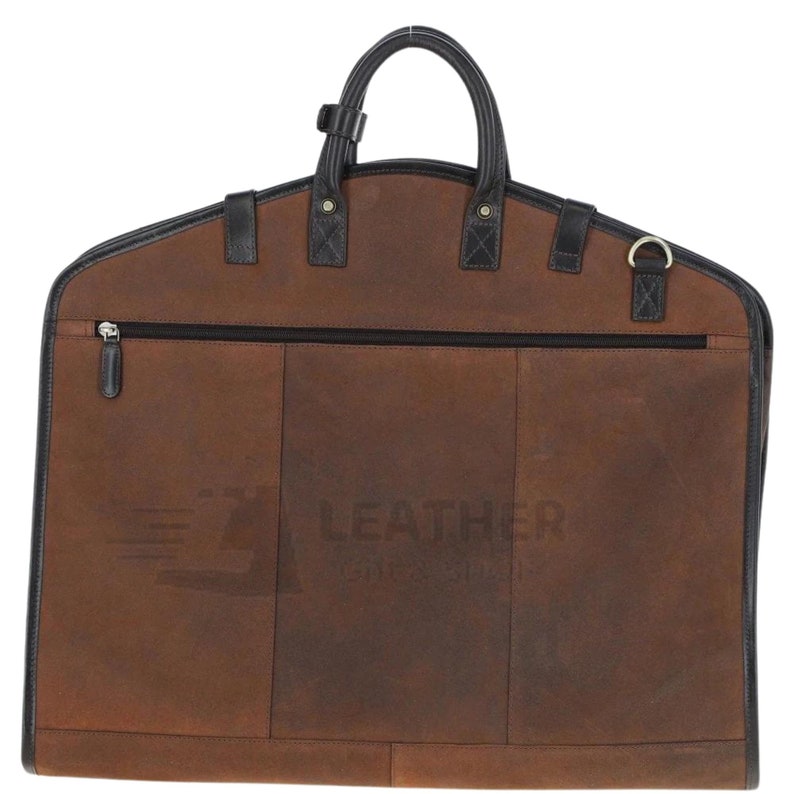 May include: A brown leather garment bag with a black handle and a zippered pocket. The bag has a black leather trim and a label that says "LEATHER GOODS & CO."