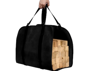 Personalisierter Leder-Holzträger, Leder-Brennholztasche, Kamindekoration, schwarzer Brennholzträger, Kaminholzträger, Leder handgefertigt