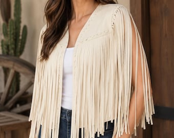 Handmade Sheepskin Leather Fringe Vest, White Boho Western