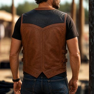 May include: A sleeveless vest featuring a two-tone design with a black upper panel and a brown lower panel. The vest includes side straps with metal buckles for adjustment, a V-shaped back seam, and a rounded neckline, worn over a black t-shirt.