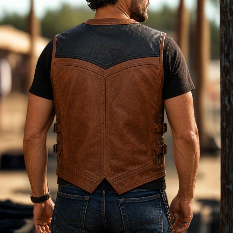 May include: A sleeveless vest featuring a two-tone design with a black upper panel and a brown lower panel. The vest includes side straps with metal buckles for adjustment, a V-shaped back seam, and a rounded neckline, worn over a black t-shirt.