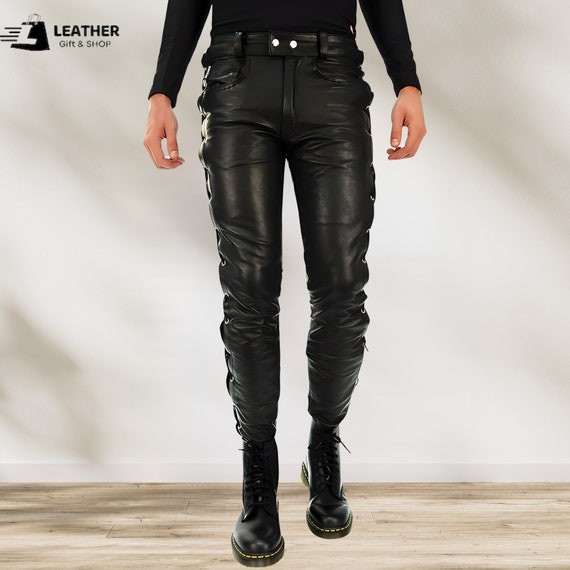 【アンused】UNUSED Leather Truck Pants Men's Black Leather Lace-up Pants – Leather Trousers Mens- Leather