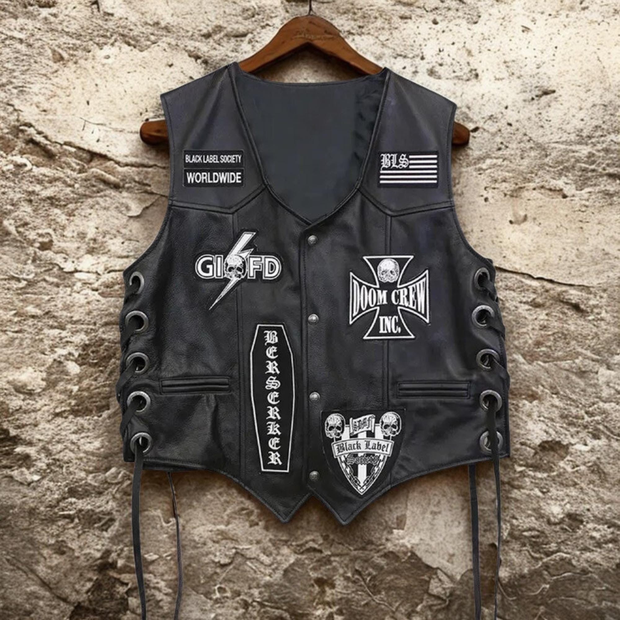 Men Black Leather Biker Vest Skull Patch Motorcycle Club Style Rocker ...