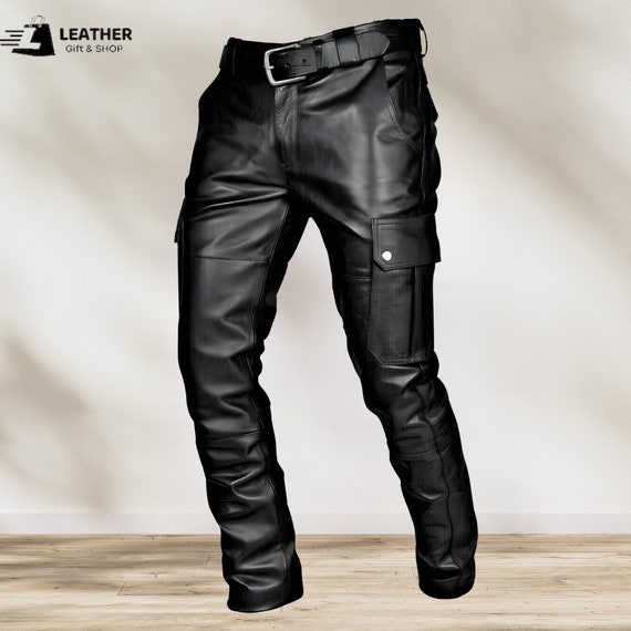 Men’s Black Genuine Leather Cargo Pants – Biker Style Trousers with Pockets - Cowhide Leather Handmade pants - Leather Trouser mens