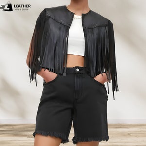 Leather Vest, Women&#39;s Western Fringe Vest, Black Fringe Vest, Cowgirl Clothing,  Mini Western Vest, Vintage Fringed Suede Vest, Handmade