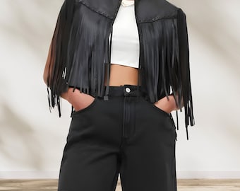 Handmade Sheepskin Leather Fringe Vest, Women's Western Cowgirl Vest