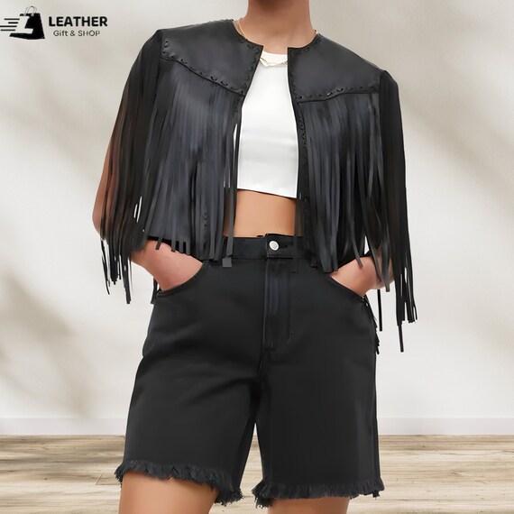 トップス NINE Fringe leather vest Floral Leather Fringe Vest Free Shipping - The Vintage Twin