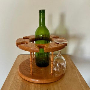 Wine caddy, solid oak, holds one bottle and 6 stemmed glasses. Vintage barware, serve ware, centerpiece, counter top.