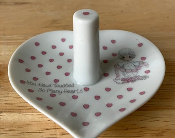 Ring Holder, Precious Moments 1987 white porcelain, pink hearts with writing "You Have Touched So Many Hearts". Vintage ring, jewelry dish.
