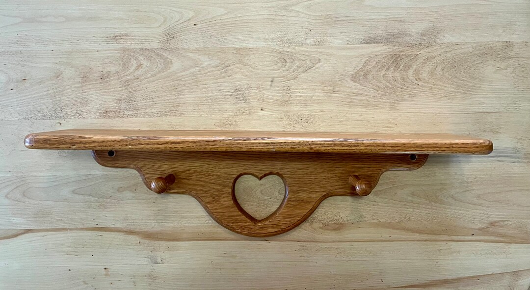 Vintage Oak Wall Shelf, Heart Cutout With Plate Groove. Ledge Display
