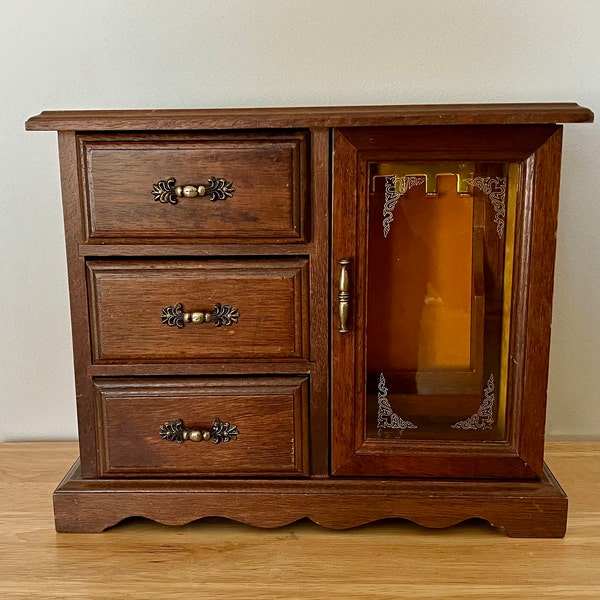 Jewelry box, chest, cabinet, vintage wooden Gunther Mele Canada. 3 drawers and glass cabinet holds rings and necklaces.