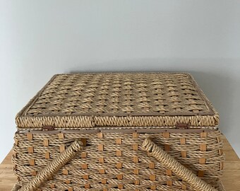 Sewing basket, large vintage rattan with tray for seamstress, hobby, craft gift. Made in Japan.