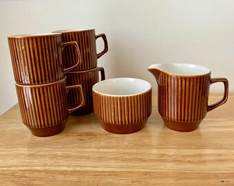 Coffee espresso cups, creamer, sugar bowl set. Brown 1960's  Impact by British Anchor, Staffordshire England. Retro MCM kitchen, serving.