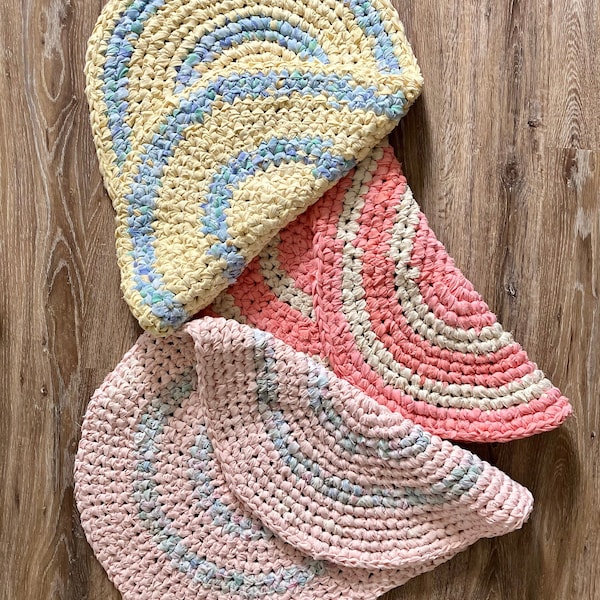 Rag rugs, oval, crocheted cotton, 27" x 19 ", yellow, coral or pink. Farmhouse, cottage, shabby chic, bathroom, children's or pet mat.