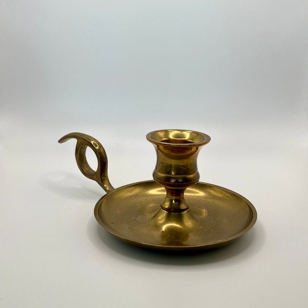 Vintage brass candle holder, candlestick, chamberstick with finger loop. Made in India.