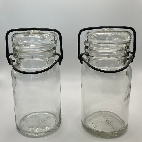 Vintage canning, storage jars. Wheaton glass top, metal hinges bales. Kitchen retro farm, cottage, cabin, lodge decor.