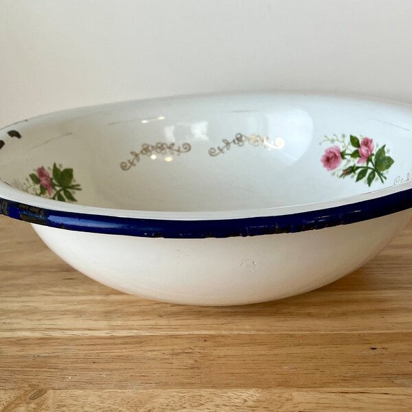 Enamel bowl, basin pink roses gold flowers blue trim. Vintage enamelware, decor storage, planter, bathroom. Farmhouse, cottage, shabby chic.