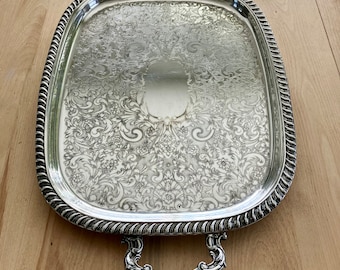 Silver tray, large with etched flowers and laurel, ornate handles and feet. Vintage 1940's  centerpiece, barware, food, display.