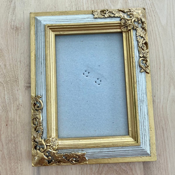 Frame, heavy ornate intricate, gold, cream 7.5" x 9.75" farmhouse, cottage, shabby chic, traditional, wall, standup frame. Empty no glass.