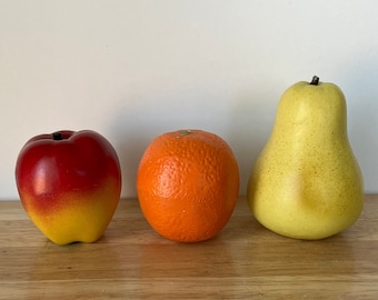 Faux fruit, apple, orange, pear made in Japan. Vintage, retro,  artificial ceramic fruit, realistic, actual fruit sizes.