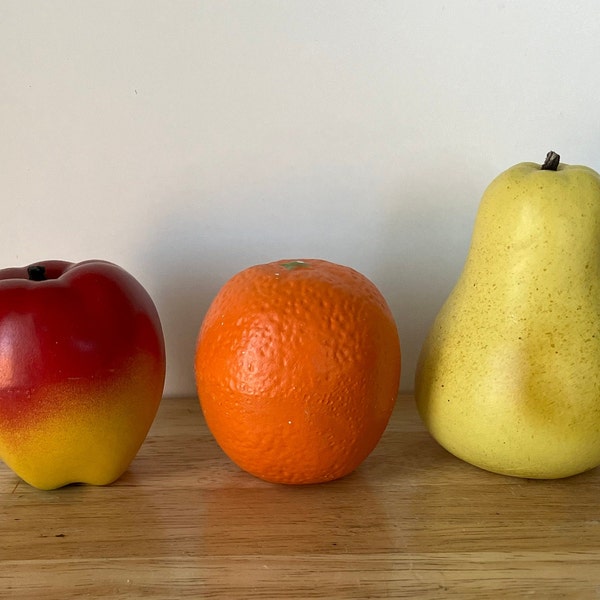 Faux fruit, apple, orange, pear made in Japan. Vintage, retro,  artificial ceramic fruit, realistic, actual fruit sizes.