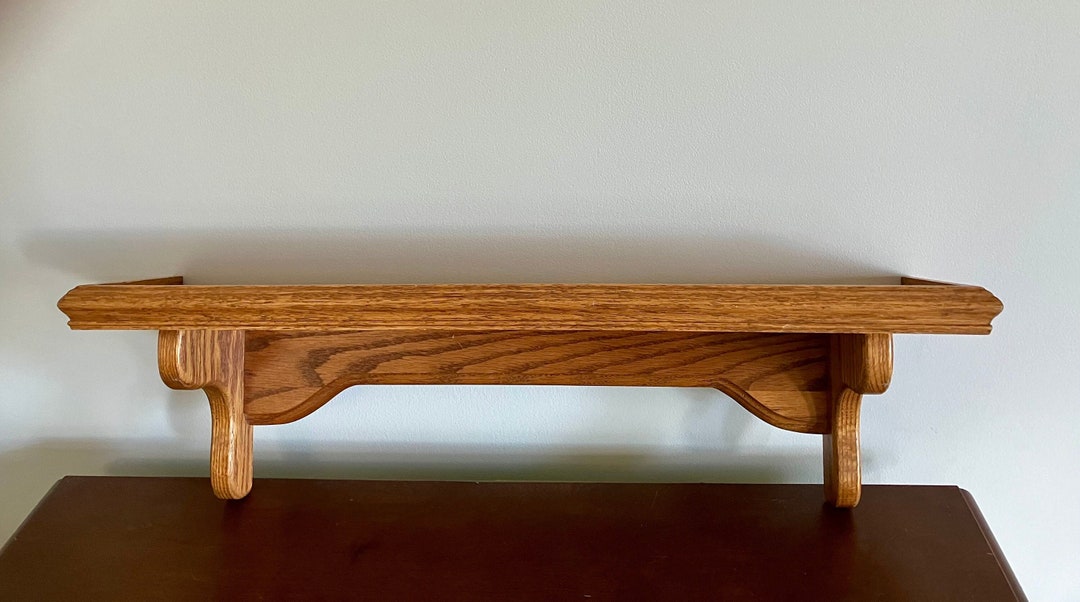 Vintage Oak Wall Shelf With Plate Rail. Heavy Wall Hanging Shelf for