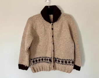 Vintage knit wool sweater, Cowichan style, Big Lebowski, little dude, dudette jacket, cardigan coat. Unisex, hand knit, tan beige, brown.