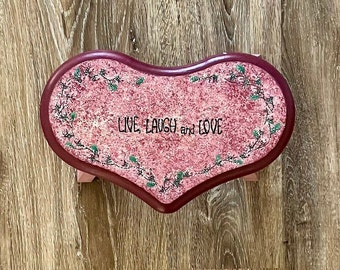 Stepstool, foot stool, riser, vintage heart shape dusty rose small stool. Live Love Laugh and painted flowers. Farmhouse, cottage.