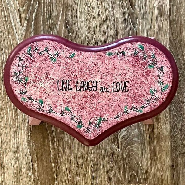 Stepstool, foot stool, riser, vintage heart shape dusty rose small stool. Live Love Laugh and painted flowers. Farmhouse, cottage.