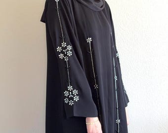 Geborduurde zwarte abaya met bijpassende hijab: 2-delige ramadan-abayaset voor gebedsjurk voor dames