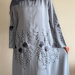 Embroidered Blue Abaya with Matching Hijab: Modern Closed Abaya Set for Women