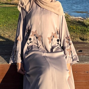 Abaya Beige with Hijab, Cream Abaya for Women Khimar Jilbab Abaya Set for Women Embroidered Burqa Burka, Abaya Sewing Pattern