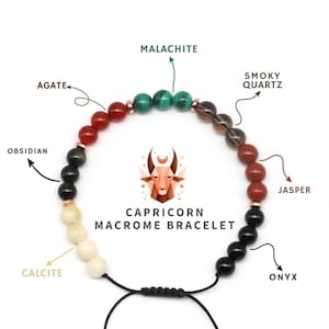 Bransoletka zodiaku Koziorożec, bransoletka makrama z koralikami, malachit, kwarc, agat, regulowany kamień leczniczy Bransoletka z kamieniem urodzinowym grudnia
