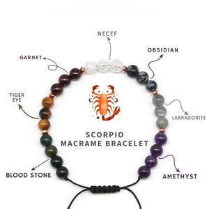 Bransoletka z kamieniami szlachetnymi Skorpiona, Bransoletka z kamieniami szlachetnymi znaku zodiaku, Granat, Ametyst, Obsydian i kamienie lecznicze, Prezent urodzinowy na listopad Biżuteria wzrostu