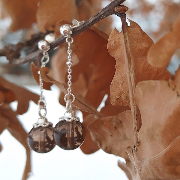 Dark academia winters night smoky quartz earrings in sterling silver - gothic romance snowglobes w/ dainty chains - tapioca boba earrings