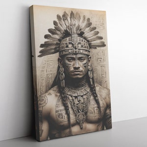 Aztec Warrior Canvas Art, Home Decor, Ancestry Decor, Housewarming Gift,  Gift For Him, Gift For Her, Black and White Sketch