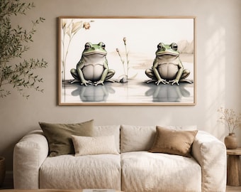 Lámina decorativa de rana para pared, decoración rústica y original, lámina botánica neutra para imprimir, descarga digital de animales adorables.