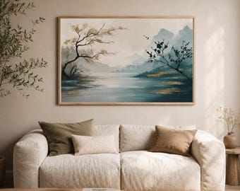 Lámina artística de paisaje con tinta zen, lámina neutra Japandi para imprimir, decoración de pared para salón, descarga digital.