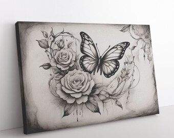 Butterfly and Flower Black and White Sketch Wall Decor, Office Wall Art, Power of Transformation, Housewarming Gift