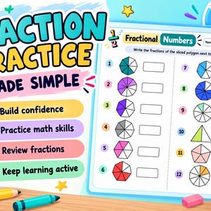 Può includere: Una scheda di esercizi intitolata Fraction Practice Made Simple che presenta dodici problemi numerati con forme geometriche divise in segmenti. La pagina include una riga per il nome, icone colorate e istruzioni per scrivere le frazioni per ogni poligono.