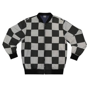 May include: A black and white checkered bomber jacket with a zipper closure.