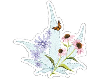 Summer Themed Pastel Cannabis Leaf Kiss Cut Sticker with a Monarch butterfly and Wild Flowers